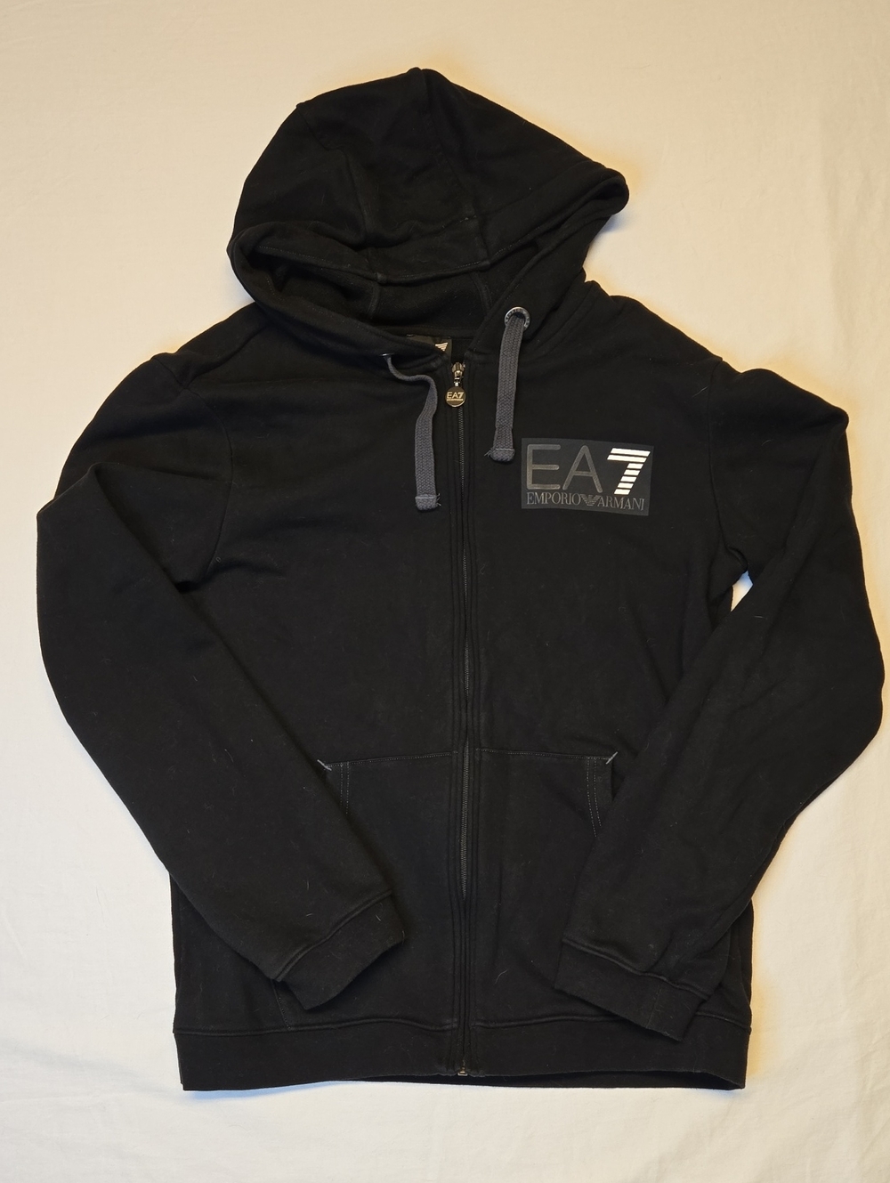 Emporio Armani Black EA7 Cotton Full Zip Hoodie Sweater with White & Gray Logo